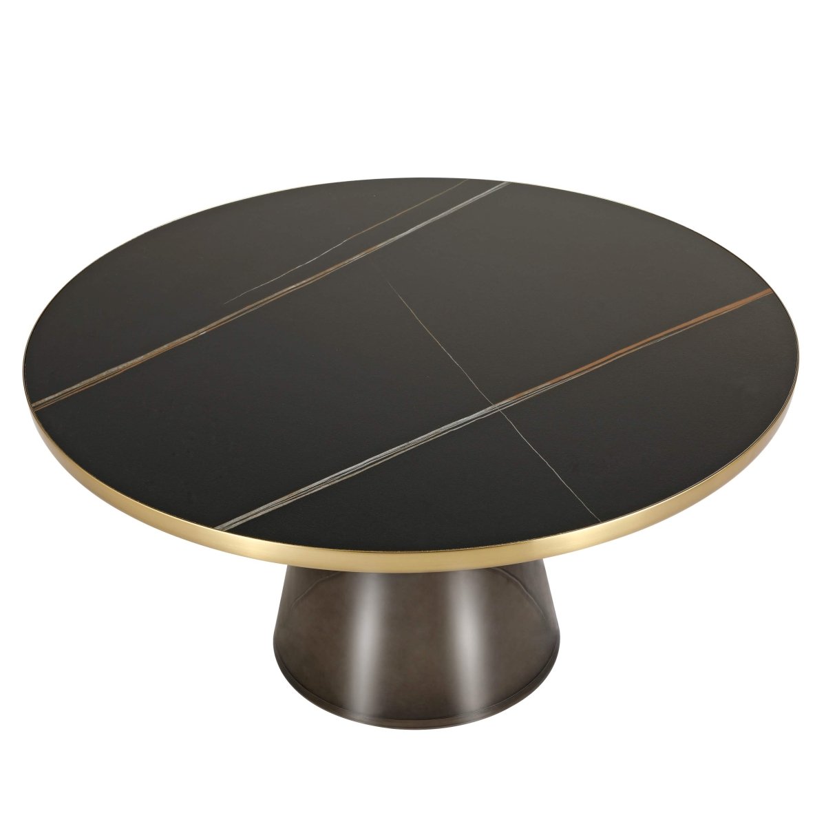 Tully 30 - Inch Round Glass/Stone Coffee Table with Iron Rim Frame and Glass Base