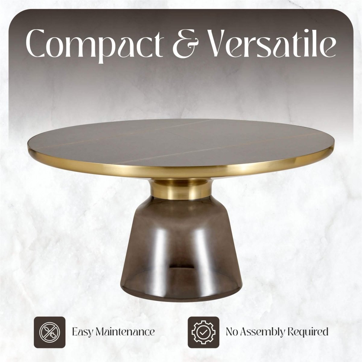 Tully 30 - Inch Round Glass/Stone Coffee Table with Iron Rim Frame and Glass Base