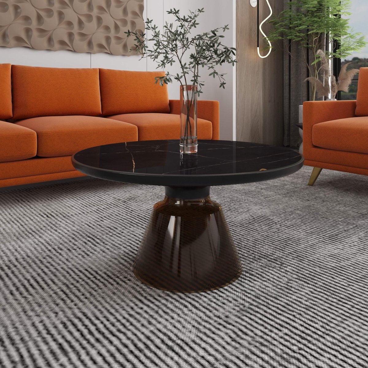 Tully 30 - Inch Round Glass/Stone Coffee Table with Iron Rim Frame and Glass Base