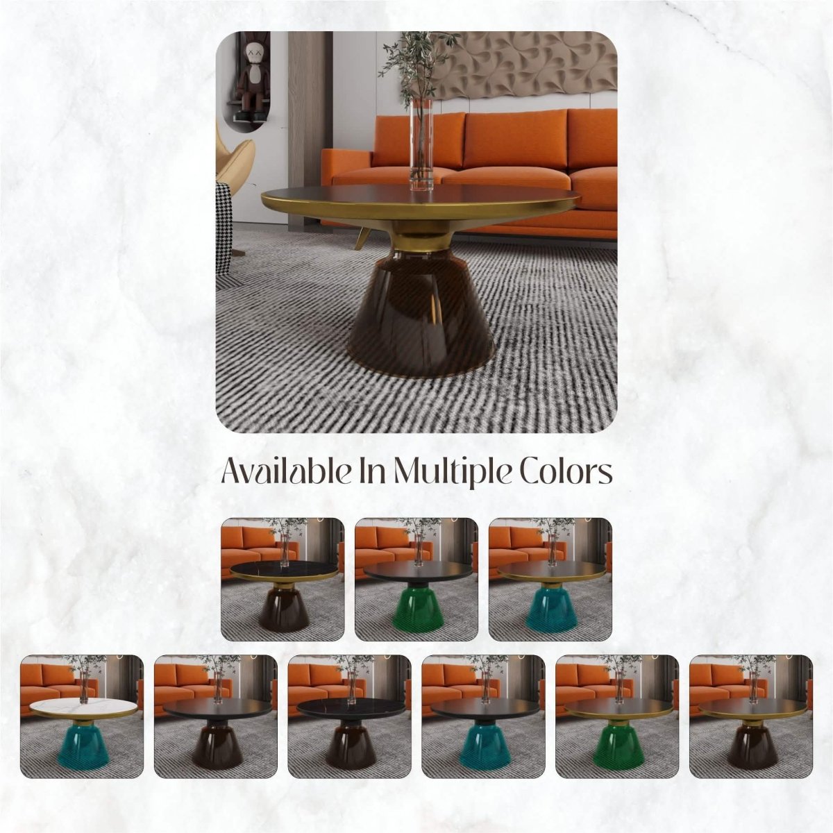 Tully 30 - Inch Round Glass/Stone Coffee Table with Iron Rim Frame and Glass Base