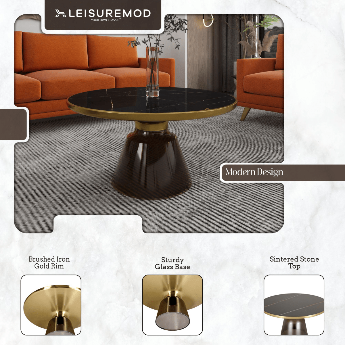 Tully 30 - Inch Round Glass/Stone Coffee Table with Iron Rim Frame and Glass Base