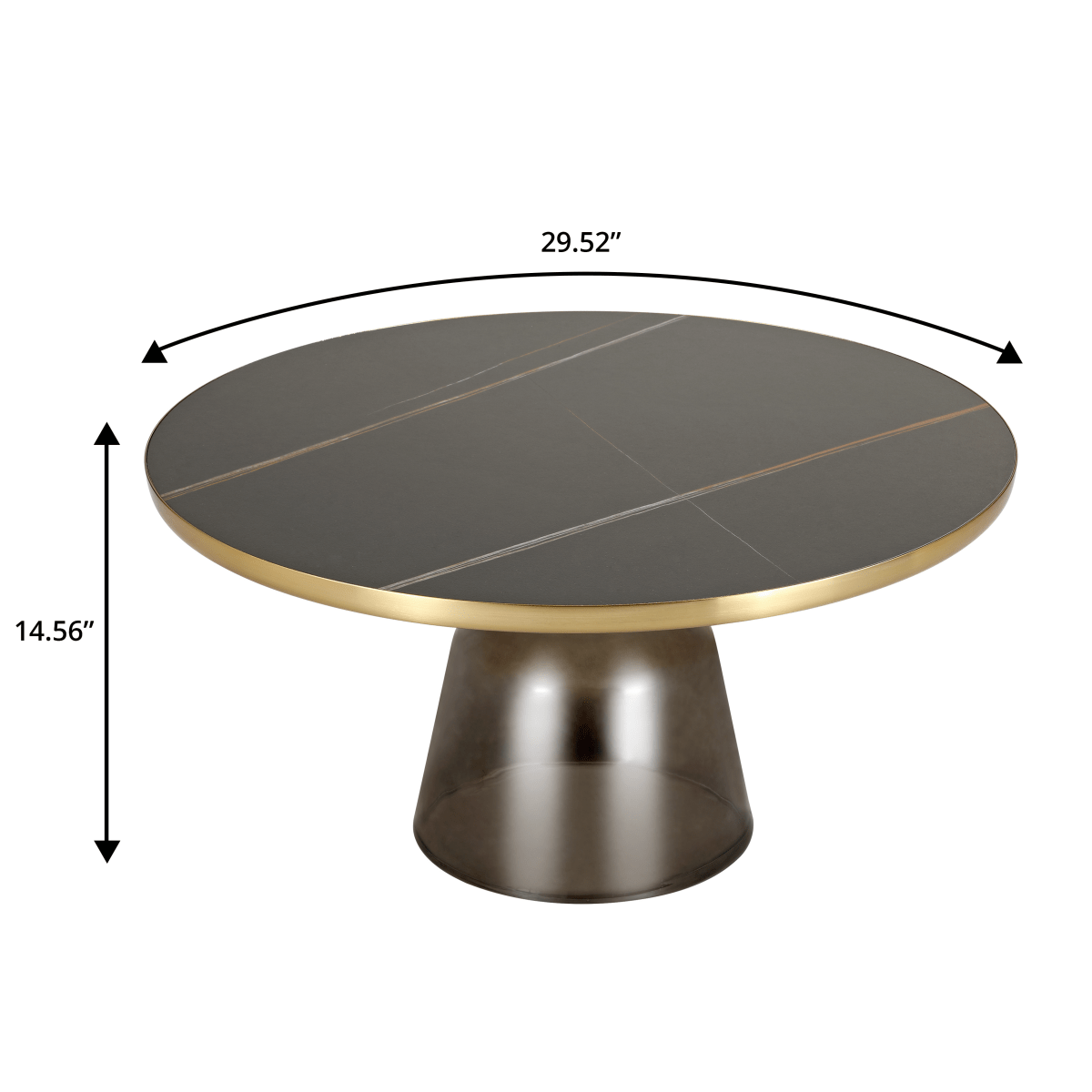 Tully 30 - Inch Round Glass/Stone Coffee Table with Iron Rim Frame and Glass Base