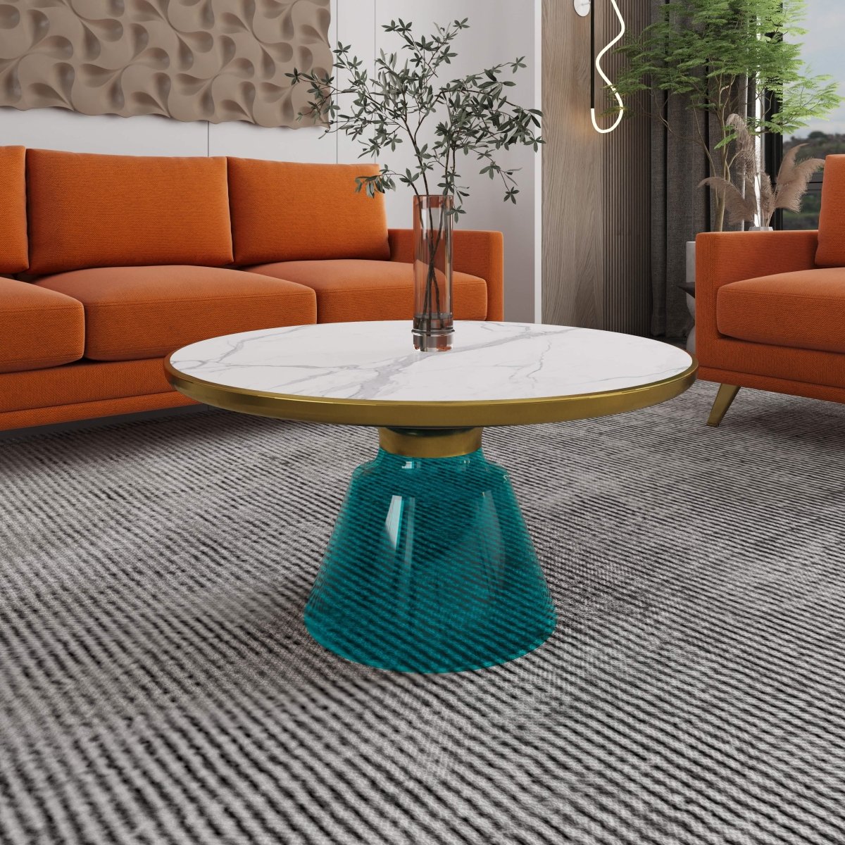 Tully 30 - Inch Round Glass/Stone Coffee Table with Iron Rim Frame and Glass Base