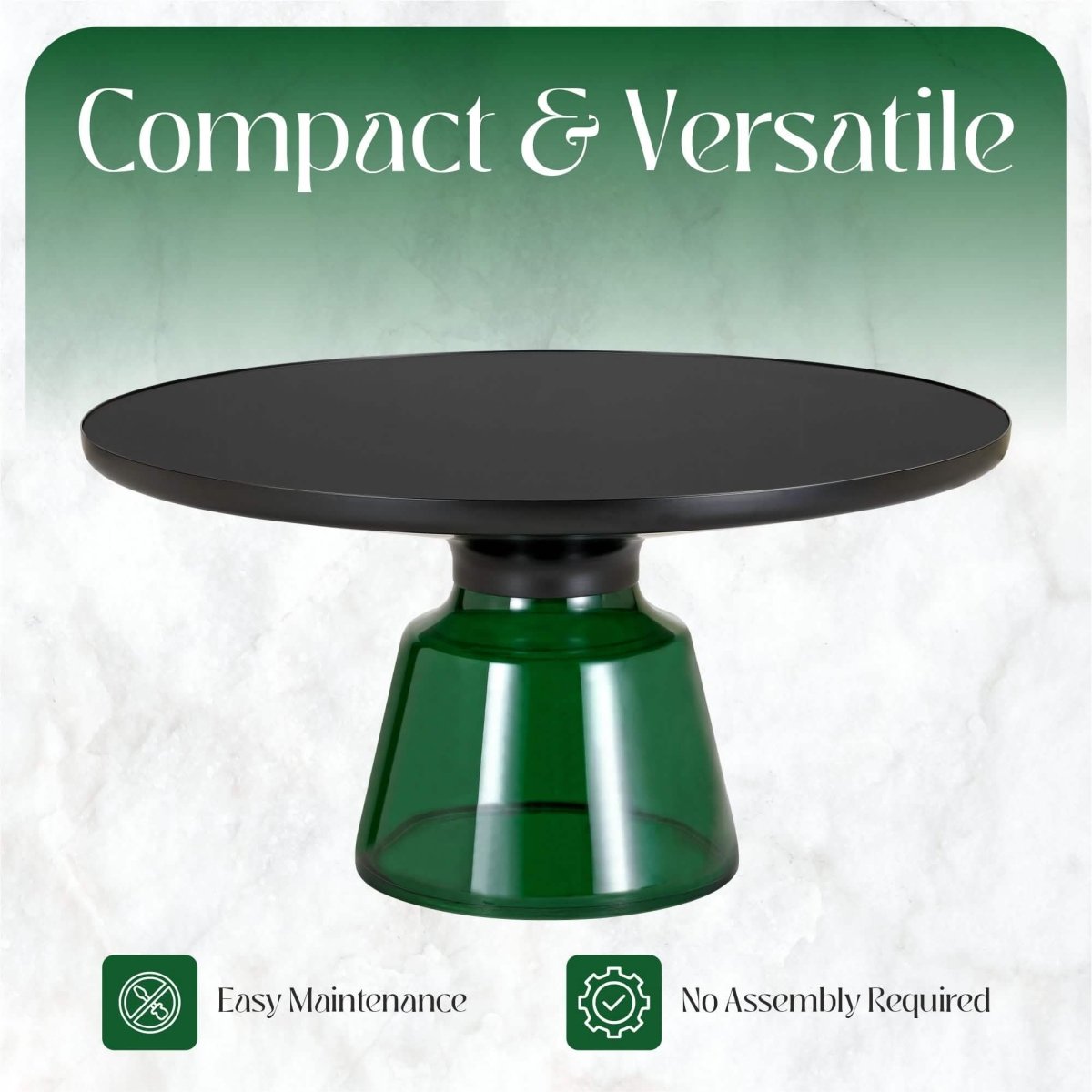 Tully 30 - Inch Round Glass/Stone Coffee Table with Iron Rim Frame and Glass Base
