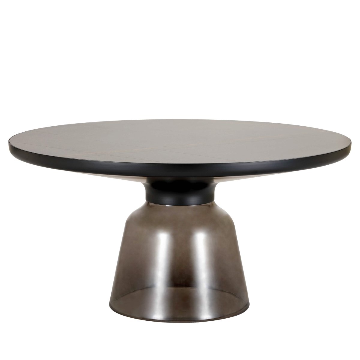 Tully 30 - Inch Round Glass/Stone Coffee Table with Iron Rim Frame and Glass Base