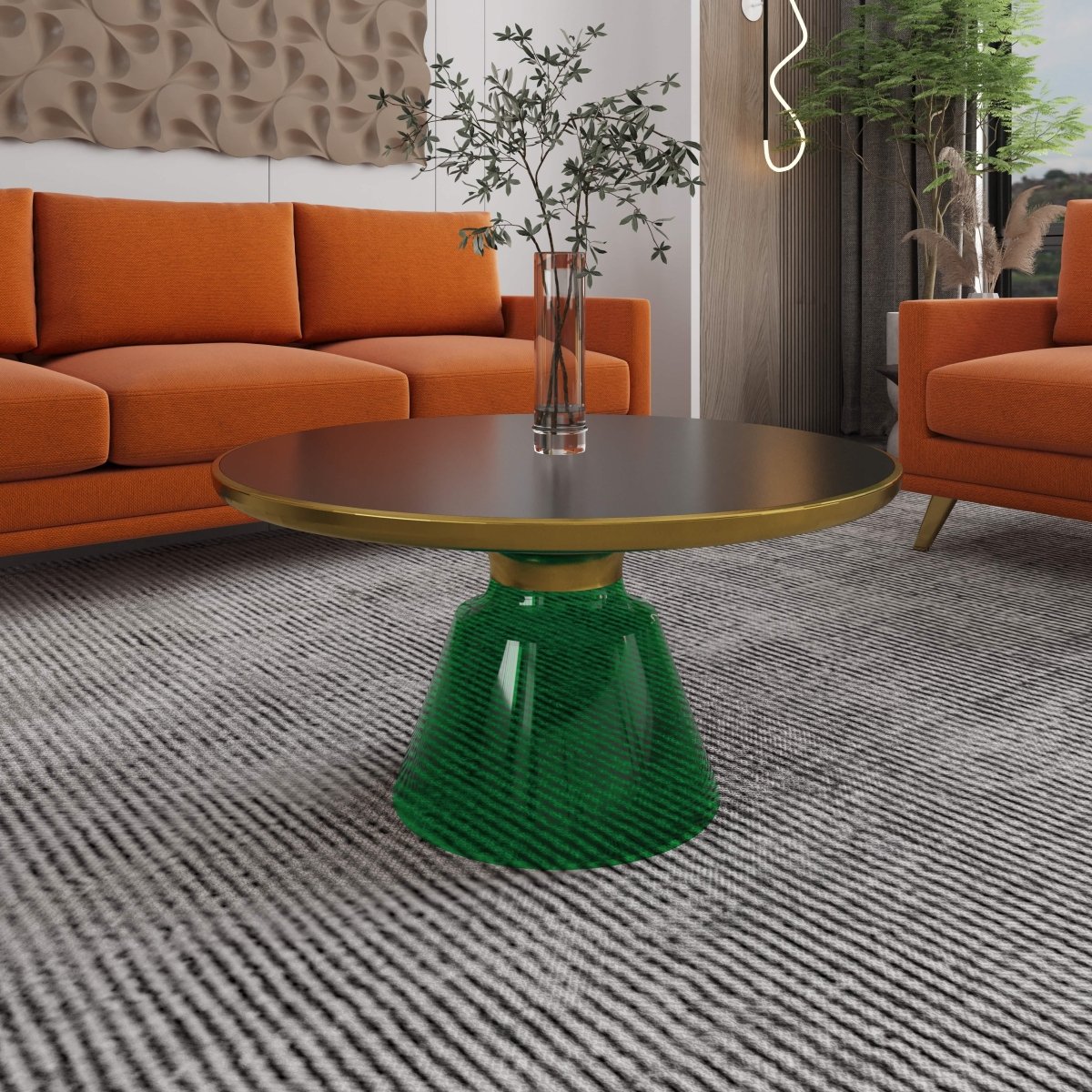 Tully 30 - Inch Round Glass/Stone Coffee Table with Iron Rim Frame and Glass Base