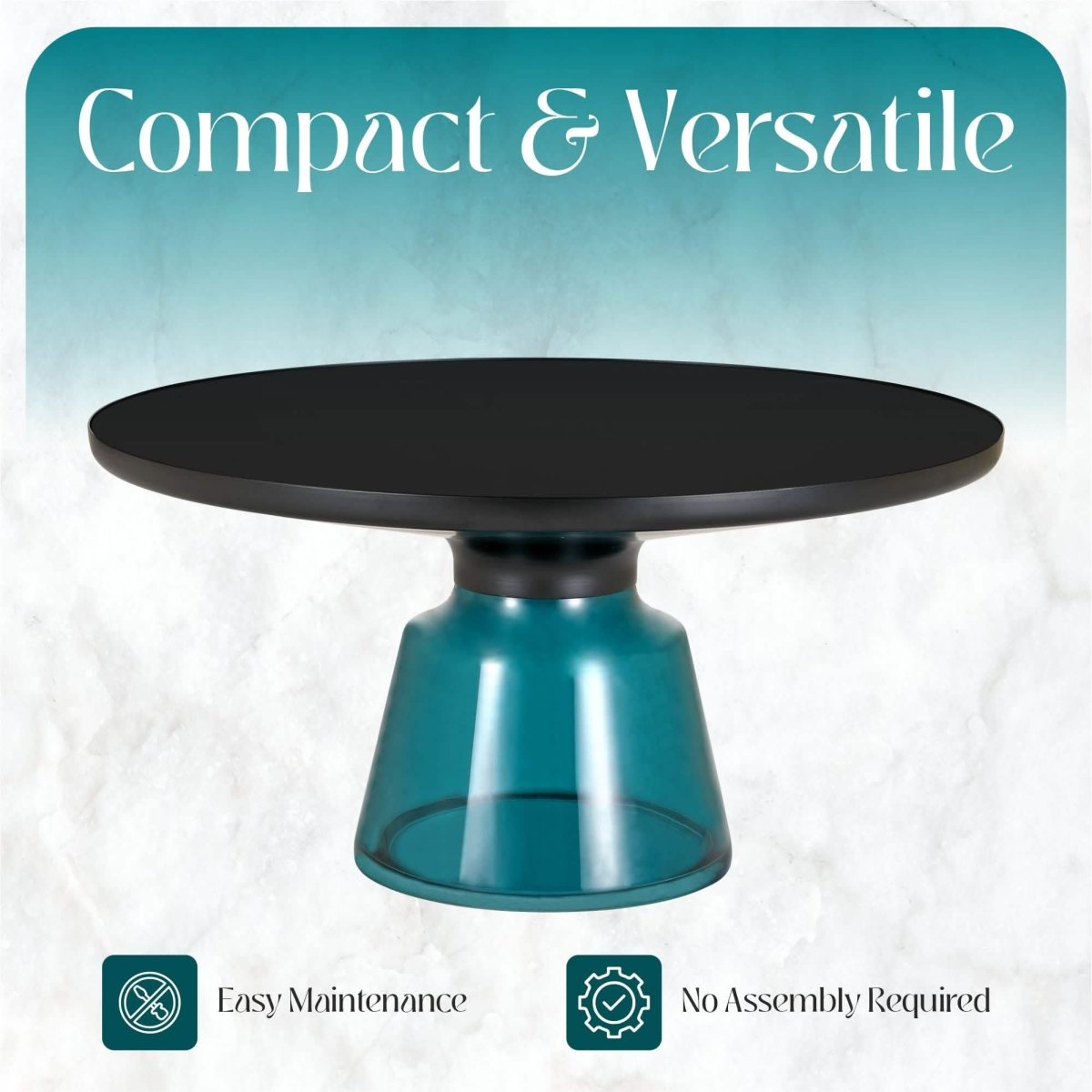 Tully 30 - Inch Round Glass/Stone Coffee Table with Iron Rim Frame and Glass Base