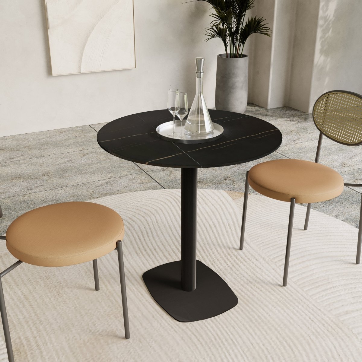 Vail Collection Dining Table Black Rectangle Base With 27"/36" Round Dark Brown MDF Wood/Sintered Stone Top