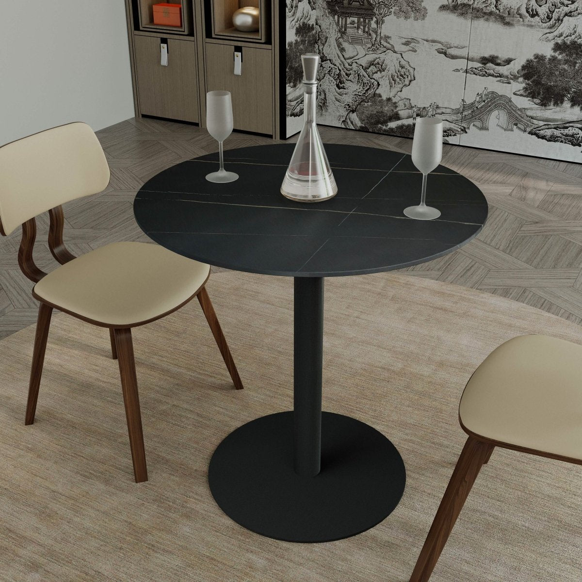 Vail Collection Dining Table Black/Gold Base With 27"/36" Round Stone Top