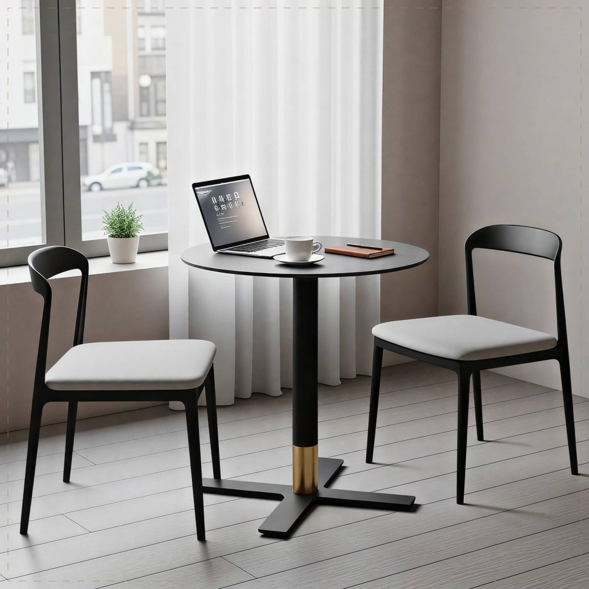 Vail Collection Dining Table Black/Gold X Base With 27"/36" Round Black Stone Top