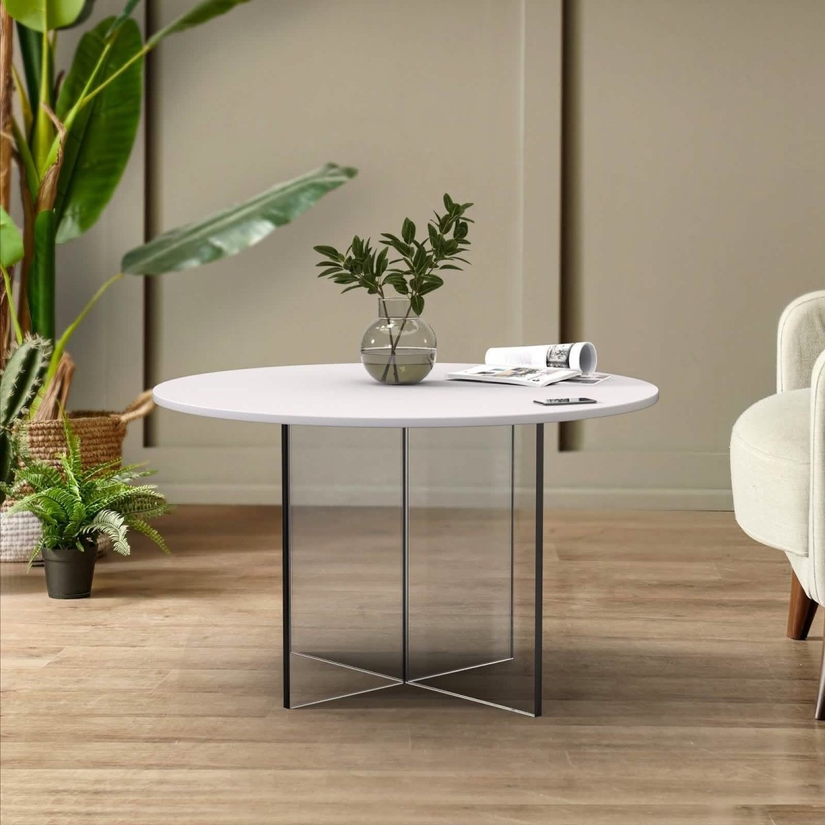 Valore Coffee Table with Round MDF Tabletop and Sturdy Acrylic Cross Base