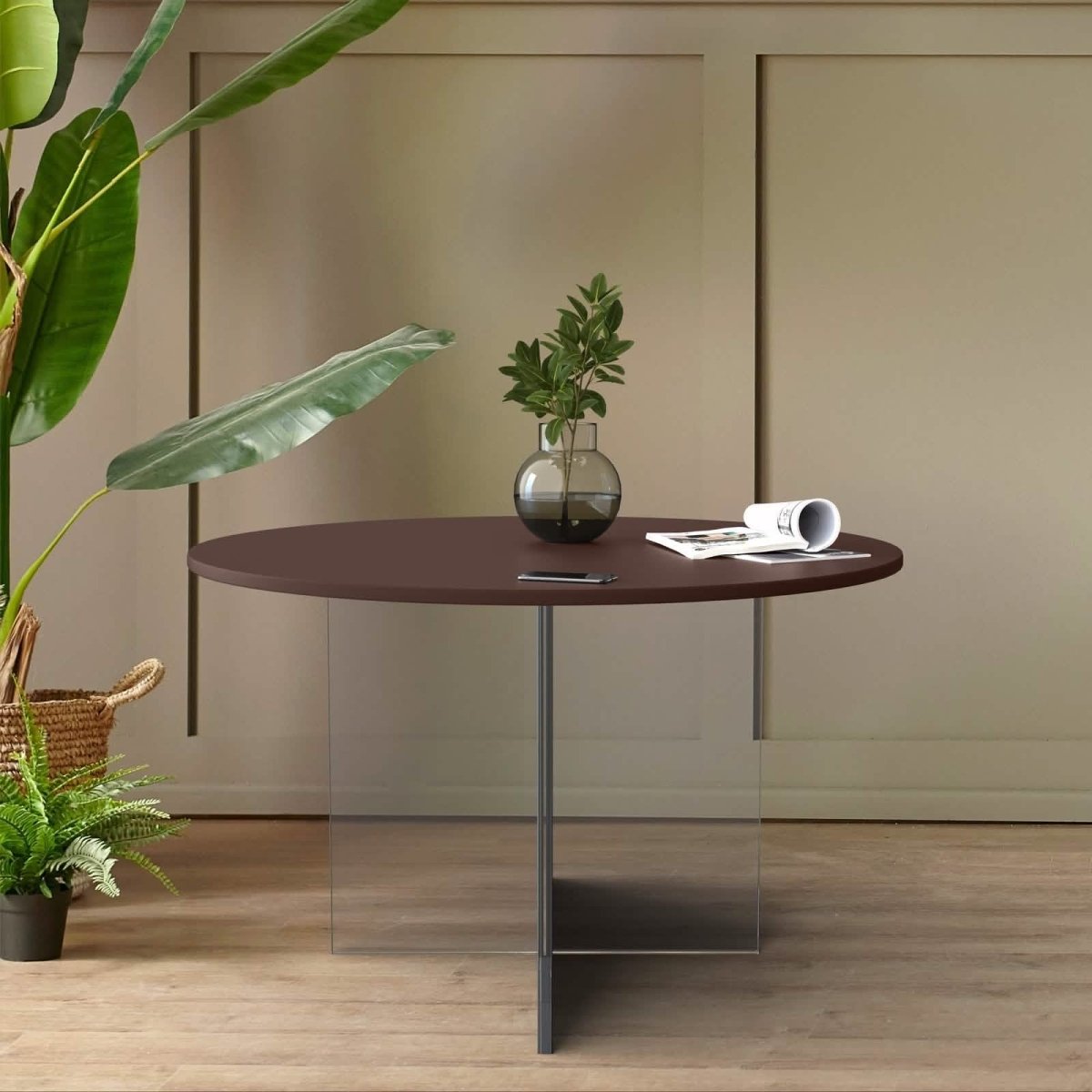 Valore Coffee Table with Round MDF Tabletop and Sturdy Acrylic Cross Base