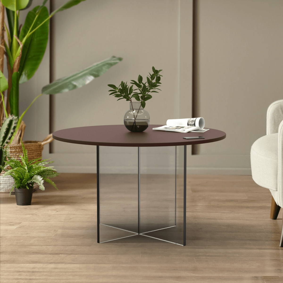 Valore Coffee Table with Round MDF Tabletop and Sturdy Acrylic Cross Base