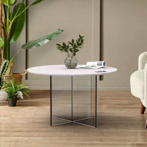 LeisureMod Valore Series Modern Coffee Table with Round Tabletop and Sturdy Acrylic Cross Base for Living Room and Bedroom