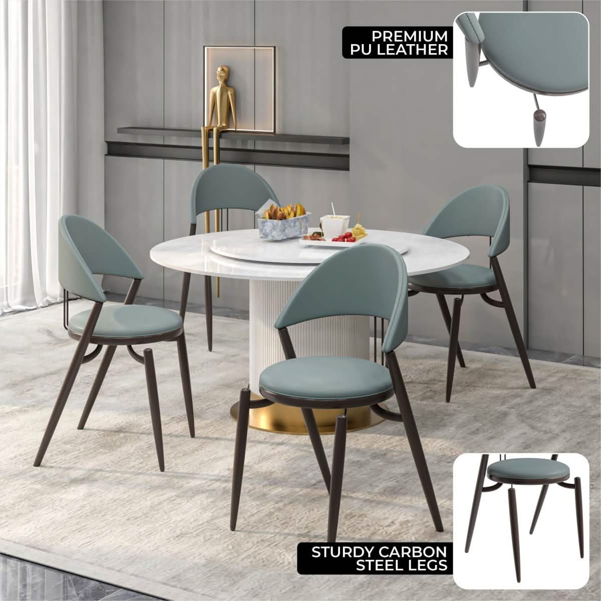 Venice Dining Chair Upholstered Leather in Iron With an Open Curved Back Design Set of 4
