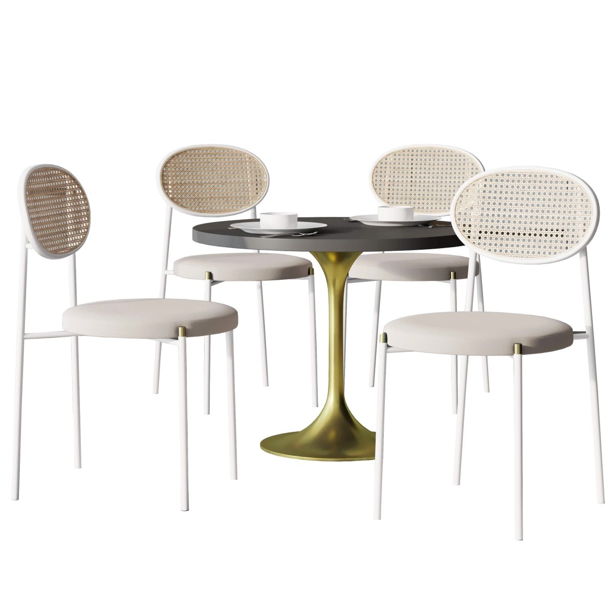 Verve 5 - Piece Dining Set with 36" Round Dining Table Black MDF Top and Gold Base with 4 Velvet Dining Chairs in White Steel Legs