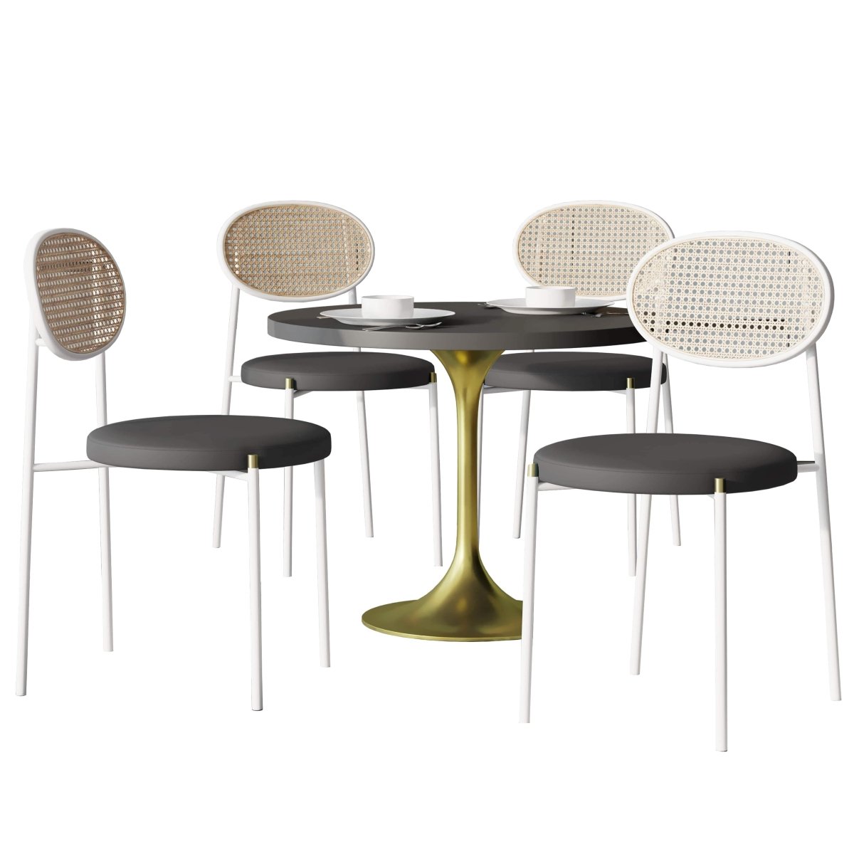 Verve 5 - Piece Dining Set with 36" Round Dining Table Black MDF Top and Gold Base with 4 Velvet Dining Chairs in White Steel Legs