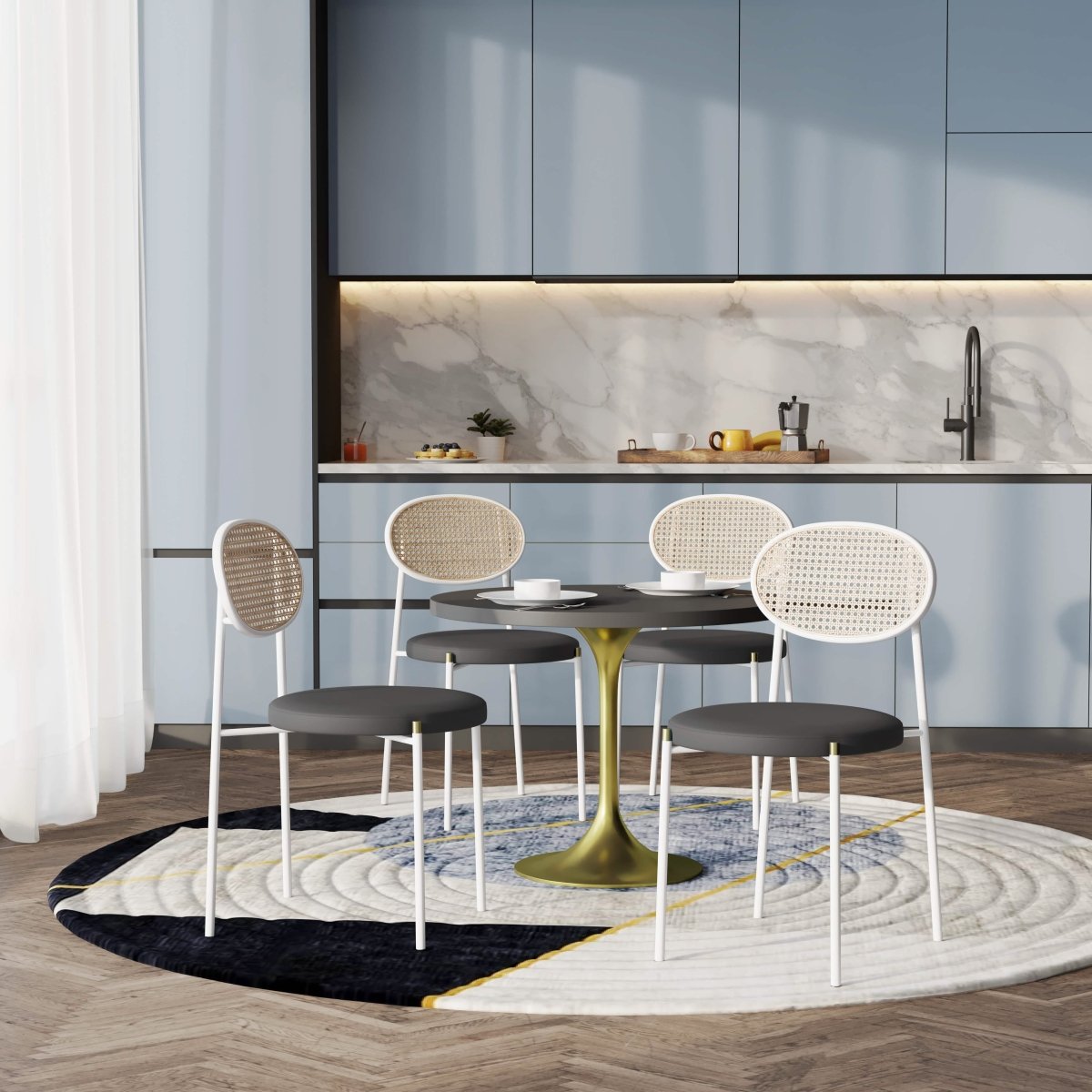 Verve 5 - Piece Dining Set with 36" Round Dining Table Black MDF Top and Gold Base with 4 Velvet Dining Chairs in White Steel Legs
