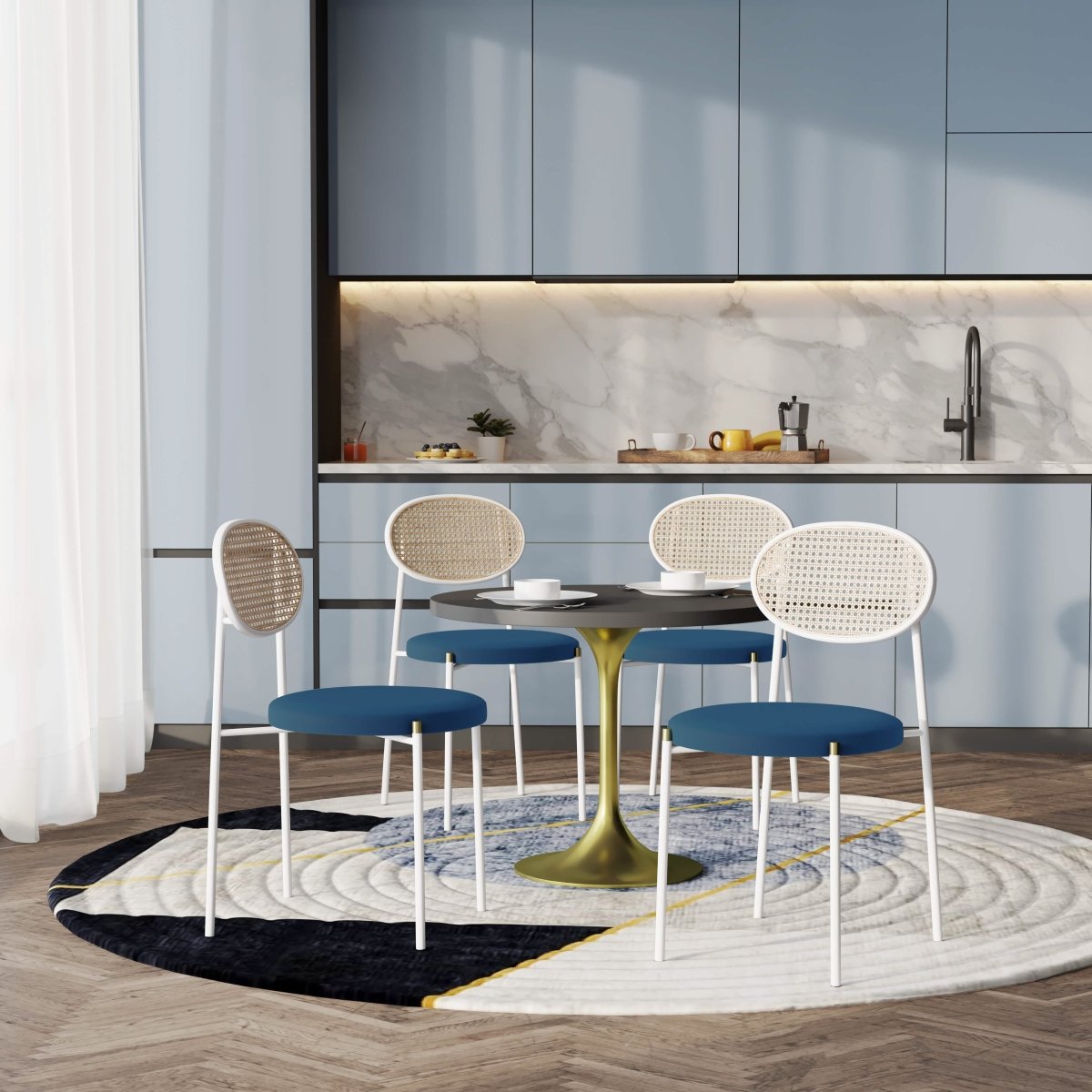 Verve 5 - Piece Dining Set with 36" Round Dining Table Black MDF Top and Gold Base with 4 Velvet Dining Chairs in White Steel Legs
