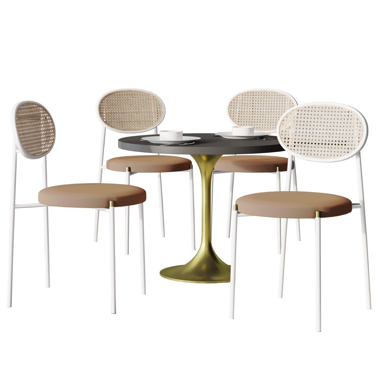 Verve 5 - Piece Dining Set with 36" Round Dining Table Black MDF Top and Gold Base with 4 Velvet Dining Chairs in White Steel Legs