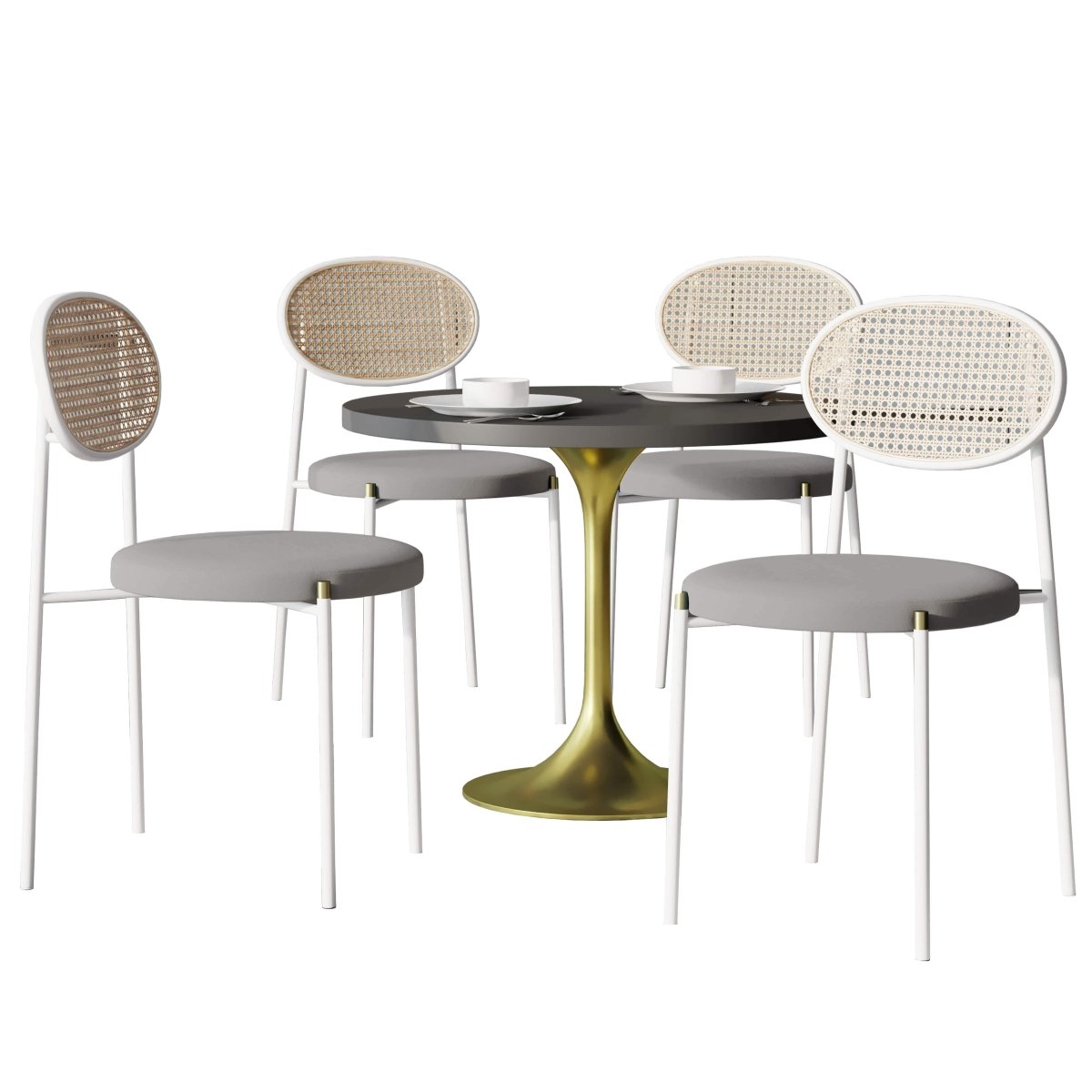 Verve 5 - Piece Dining Set with 36" Round Dining Table Black MDF Top and Gold Base with 4 Velvet Dining Chairs in White Steel Legs