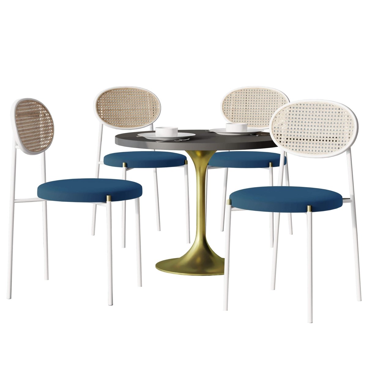 Verve 5 - Piece Dining Set with 36" Round Dining Table Black MDF Top and Gold Base with 4 Velvet Dining Chairs in White Steel Legs
