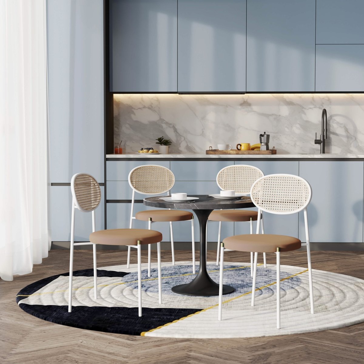 Verve 5 - Piece Dining Set with 36" Round Dining Table Black Sintered Stone Top and Black Pedestal with 4 Velvet Dining Chairs in White Steel Legs