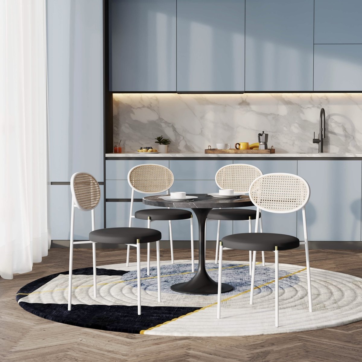 Verve 5 - Piece Dining Set with 36" Round Dining Table Black Sintered Stone Top and Black Pedestal with 4 Velvet Dining Chairs in White Steel Legs