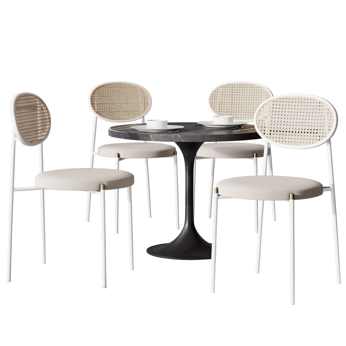 Verve 5 - Piece Dining Set with 36" Round Dining Table Black Sintered Stone Top and Black Pedestal with 4 Velvet Dining Chairs in White Steel Legs