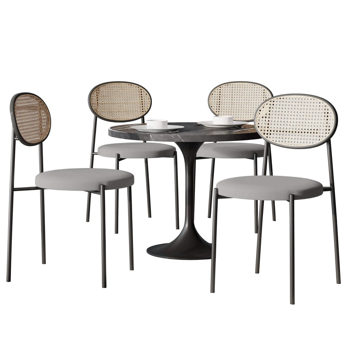 Verve 5 - Piece Dining Set with 36" Round Dining Table Black Sintered Stone Top and Black Pedestal with 4 Velvet Dining Chairs in White Steel Legs