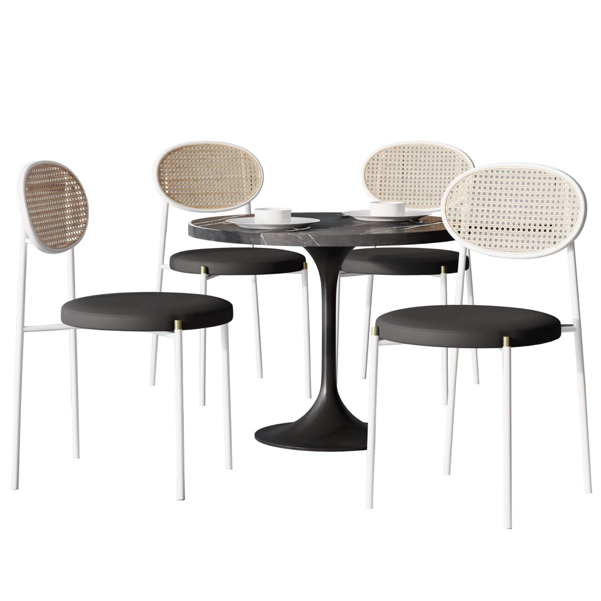Verve 5 - Piece Dining Set with 36" Round Dining Table Black Sintered Stone Top and Black Pedestal with 4 Velvet Dining Chairs in White Steel Legs