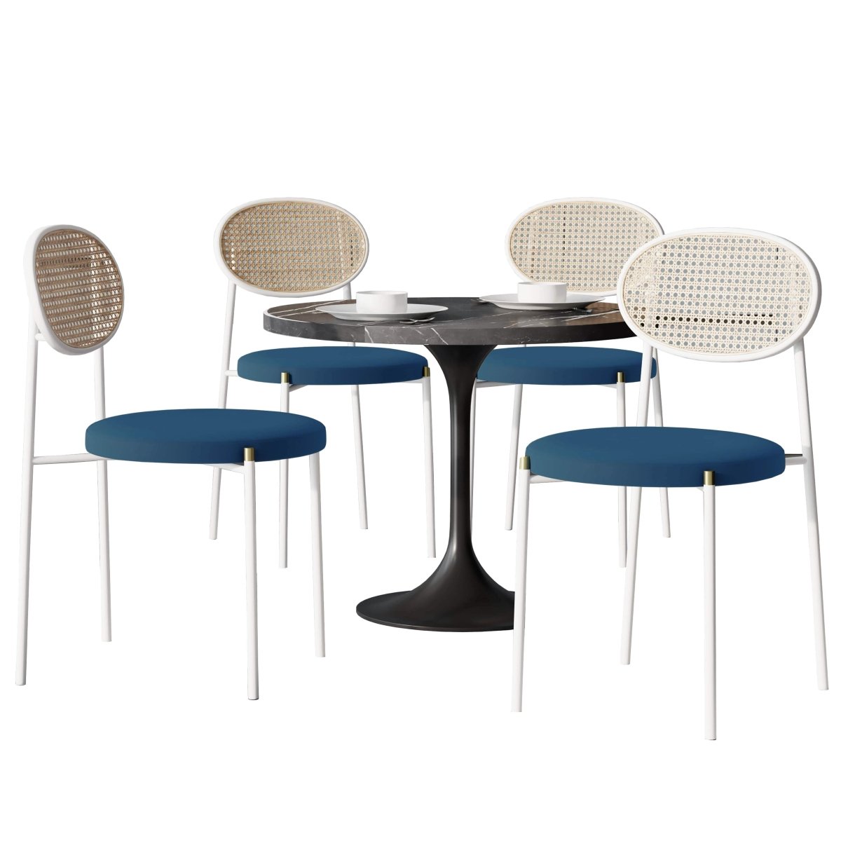 Verve 5 - Piece Dining Set with 36" Round Dining Table Black Sintered Stone Top and Black Pedestal with 4 Velvet Dining Chairs in White Steel Legs