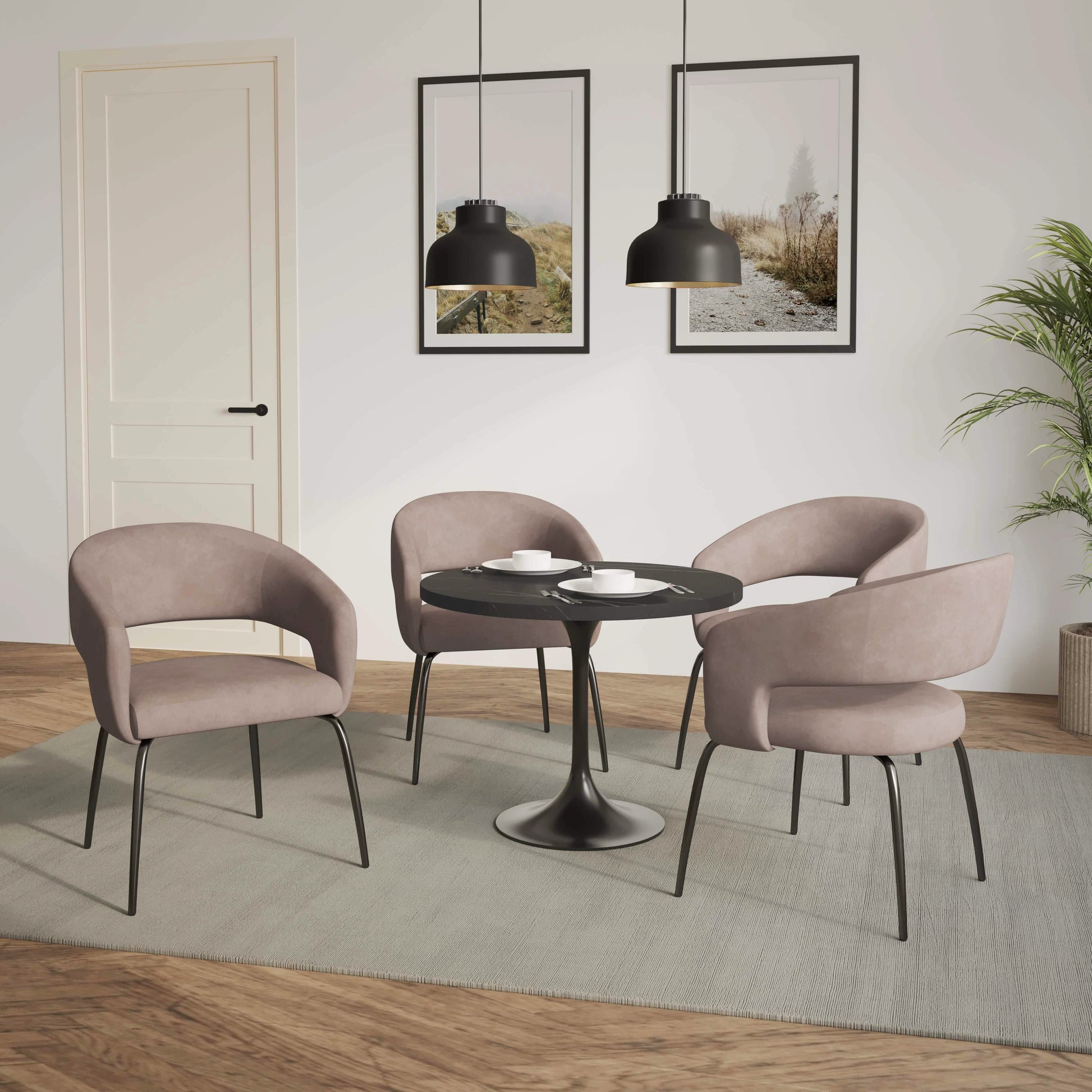 Verve 5 - Piece Dining Set with 36" Round Dining Table in Black MDF Top and 4 Dining Chairs Upholstered in Velvet/Leather
