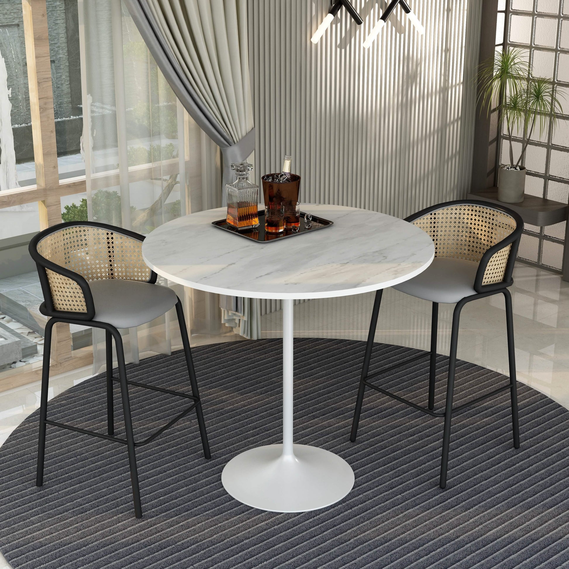 Verve Bar Height Dining Table with Round MDF/Sintered Stone/Resin Top and White Stainless Steel Pedestal Base