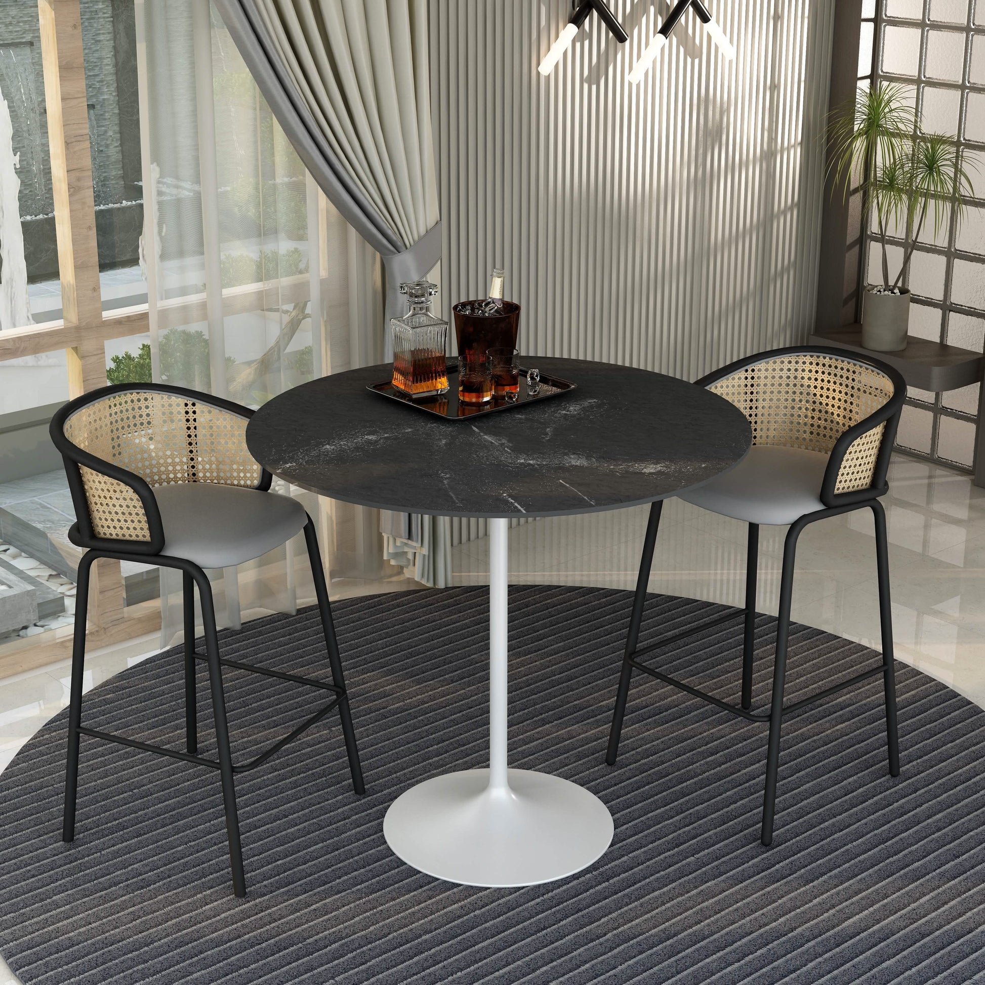 Verve Bar Height Dining Table with Round MDF/Sintered Stone/Resin Top and White Stainless Steel Pedestal Base