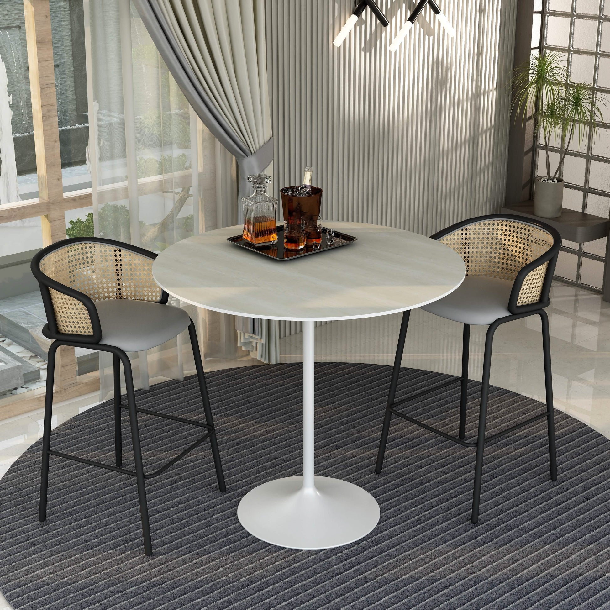 Verve Bar Height Dining Table with Round MDF/Sintered Stone/Resin Top and White Stainless Steel Pedestal Base