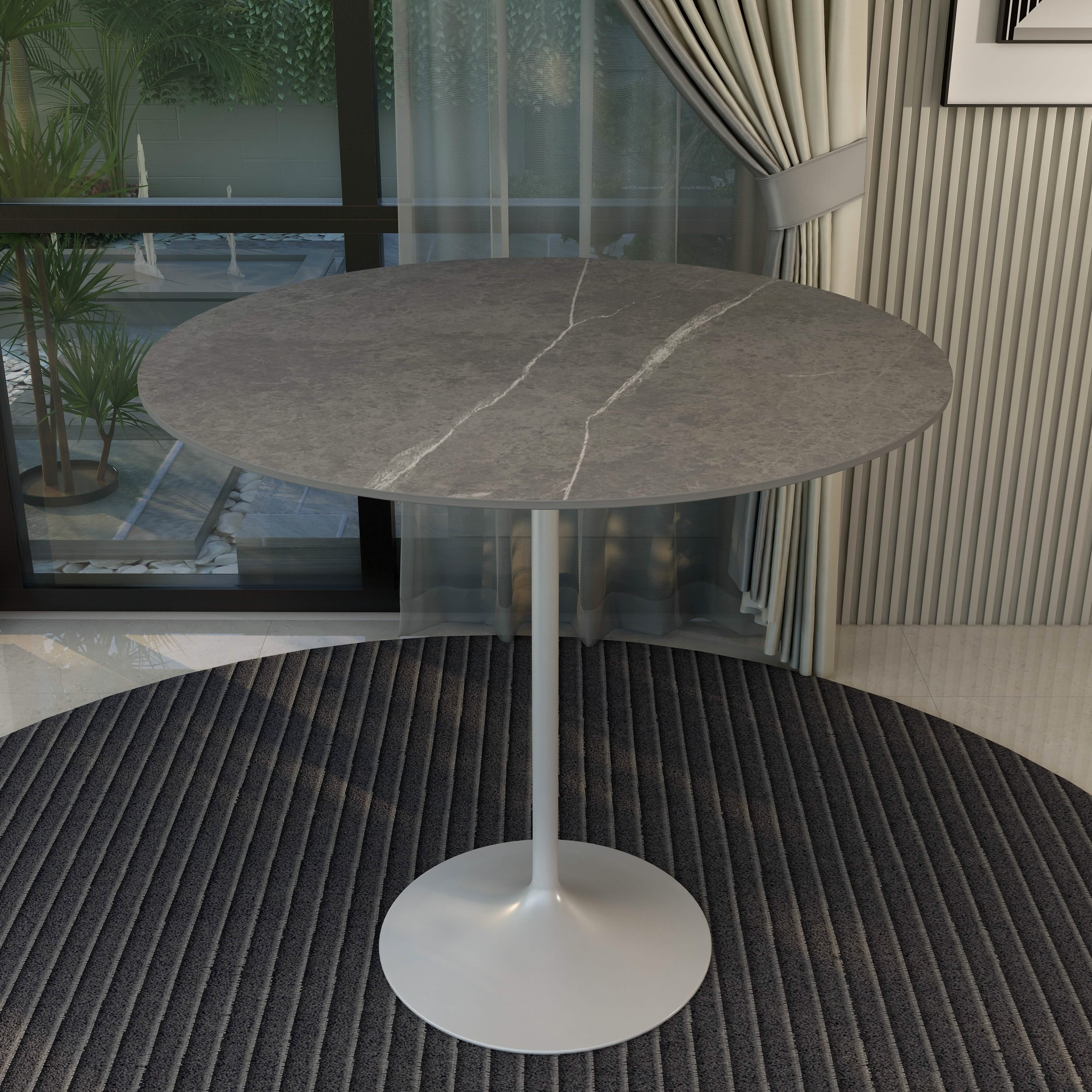 Verve Bar Height Dining Table with Round MDF/Sintered Stone/Resin Top and White Stainless Steel Pedestal Base
