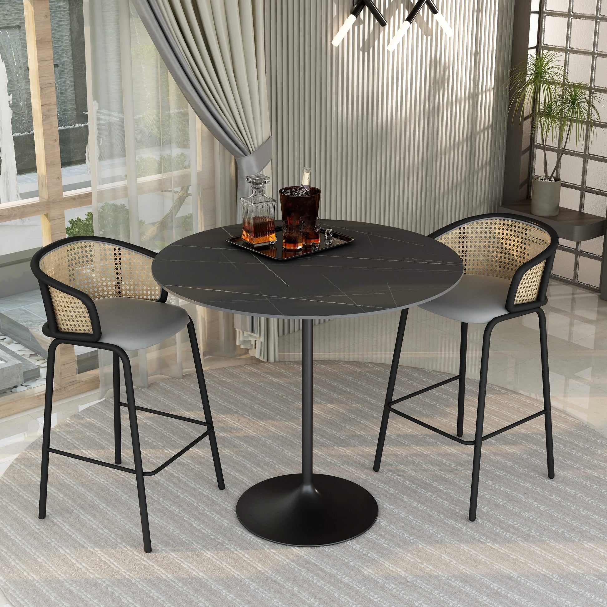 Verve Bar Height Dining Table with Round MDF/Sintered Stone/Resin Top & Black Stainless Steel Base