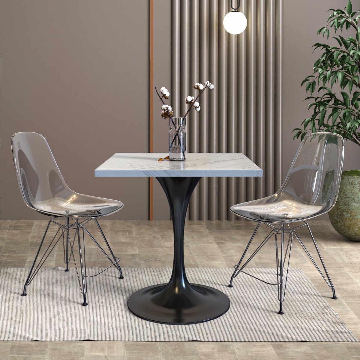 Verve Collection 24"Square Dining Table, Black/White/Brushed Gold Base with MDF Top 27 Inch Black Marbled White Resin Dining Table Leisuremod