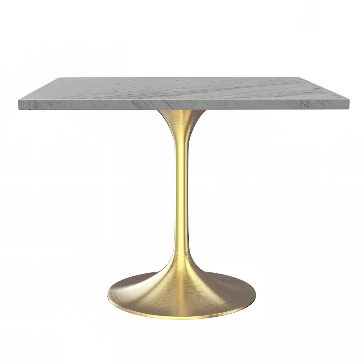 Verve Collection 24"Square Dining Table, Black/White/Brushed Gold Base with MDF Top 36 Inch Brushed Gold Marbled White Resin Dining Table Leisuremod