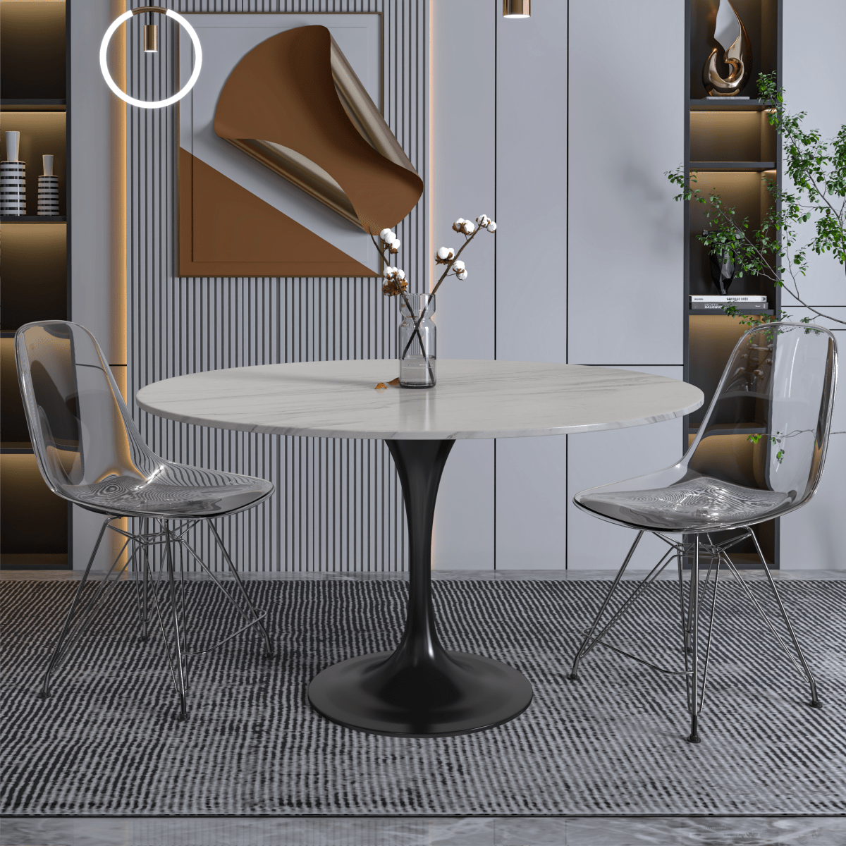 Verve Round Dining Table with MDF/Sintered Stone/Resin Tabletop in Black Stainless Steel Pedestal Base