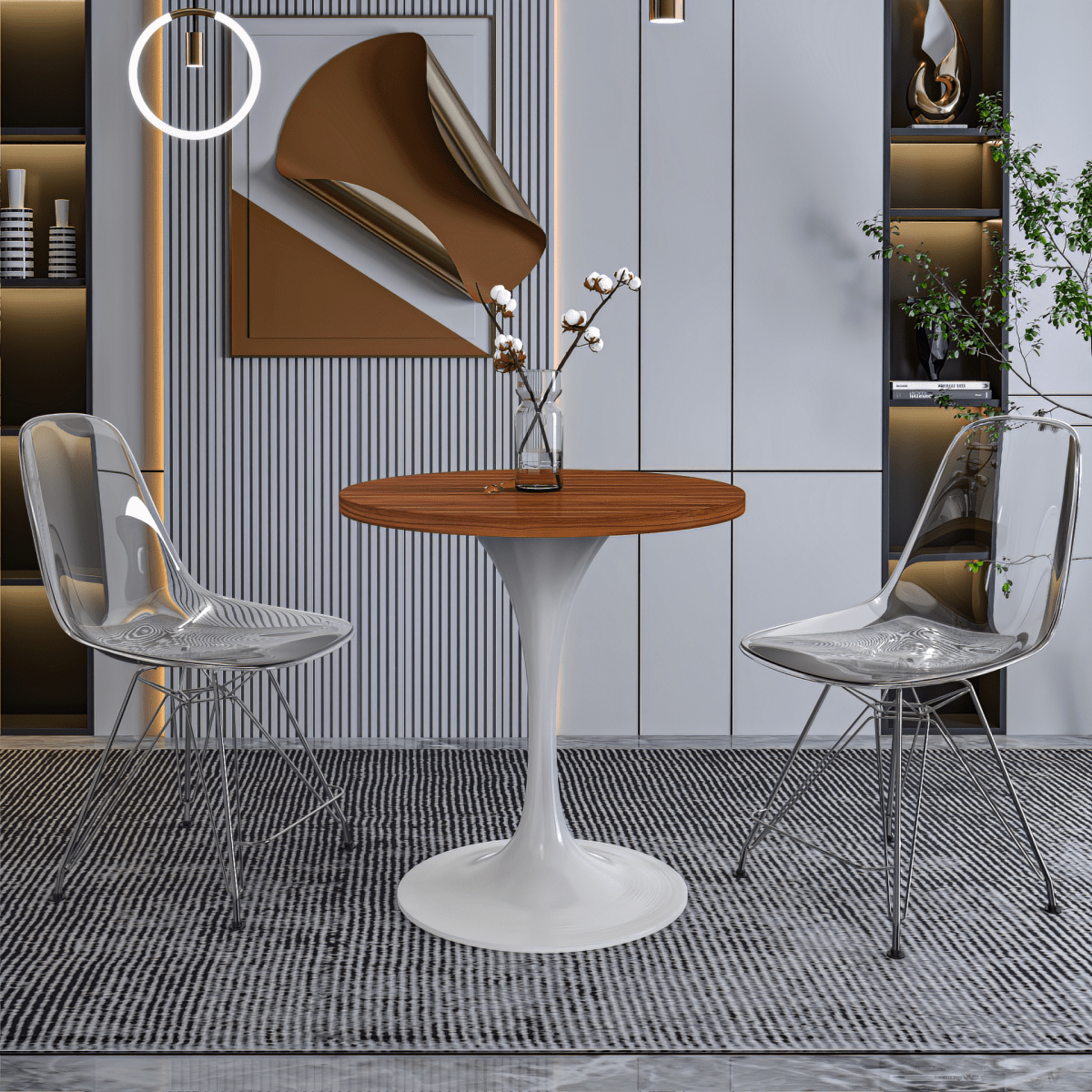 Verve Round Dining Table with MDF/Sintered Stone/Resin Tabletop in White Stainless Steel Pedestal Base