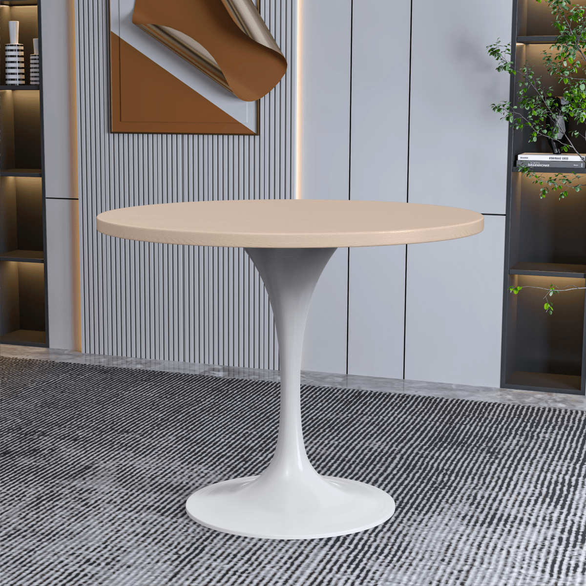 Verve Round Dining Table with MDF/Sintered Stone/Resin Tabletop in White Stainless Steel Pedestal Base
