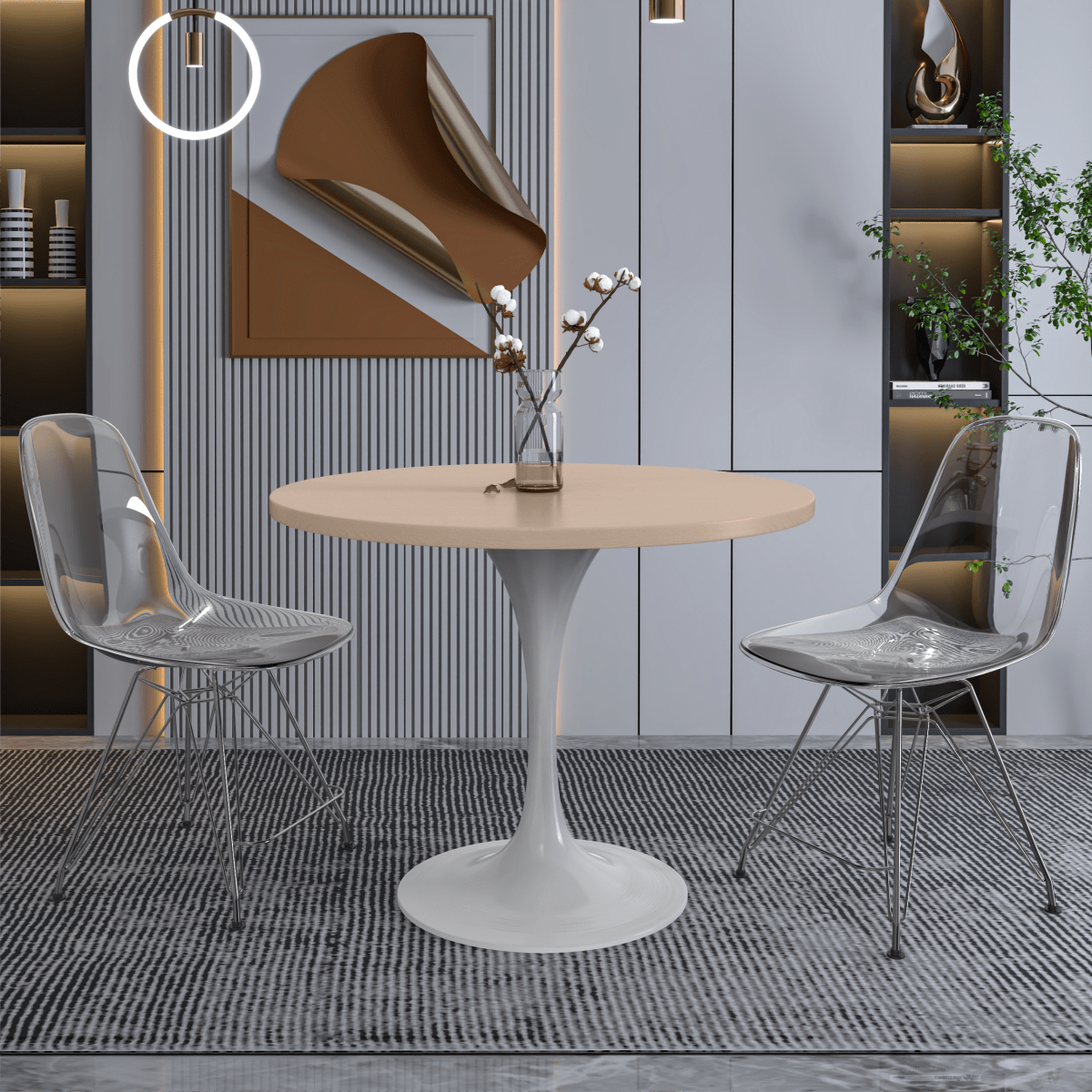 Verve Round Dining Table with MDF/Sintered Stone/Resin Tabletop in White Stainless Steel Pedestal Base