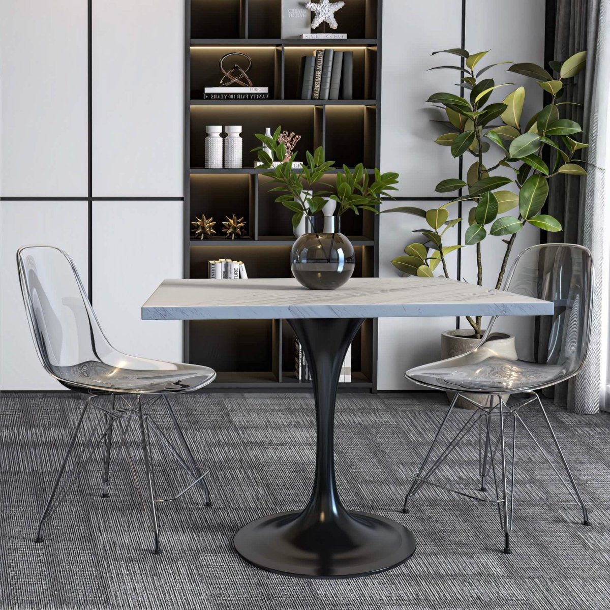 Verve Square Dining Table with a Laminated White Marbleized Tabletop and White/Black/Silver/Gold Steel Pedestal Base