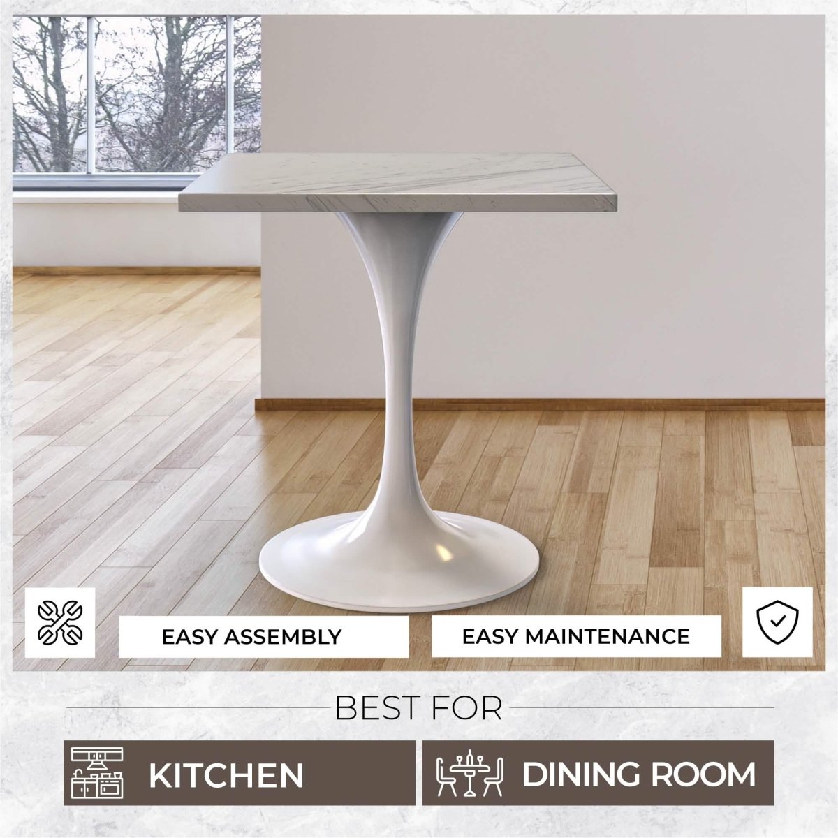 Verve Square Dining Table with a Laminated White Marbleized Tabletop and White/Black/Silver/Gold Steel Pedestal Base
