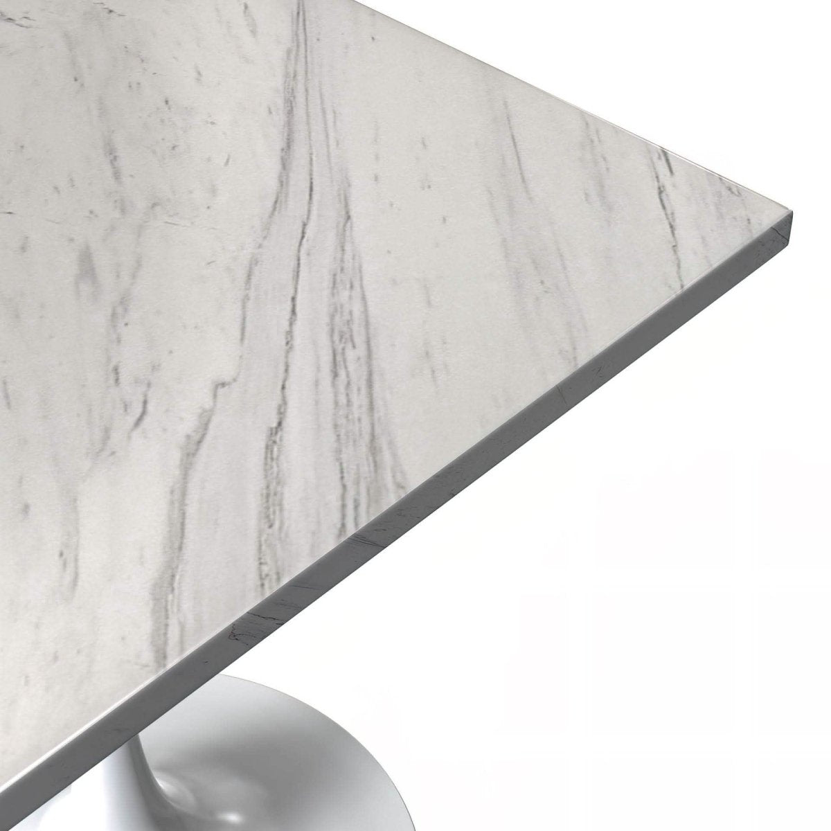 Verve Square Dining Table with a Laminated White Marbleized Tabletop and White/Black/Silver/Gold Steel Pedestal Base