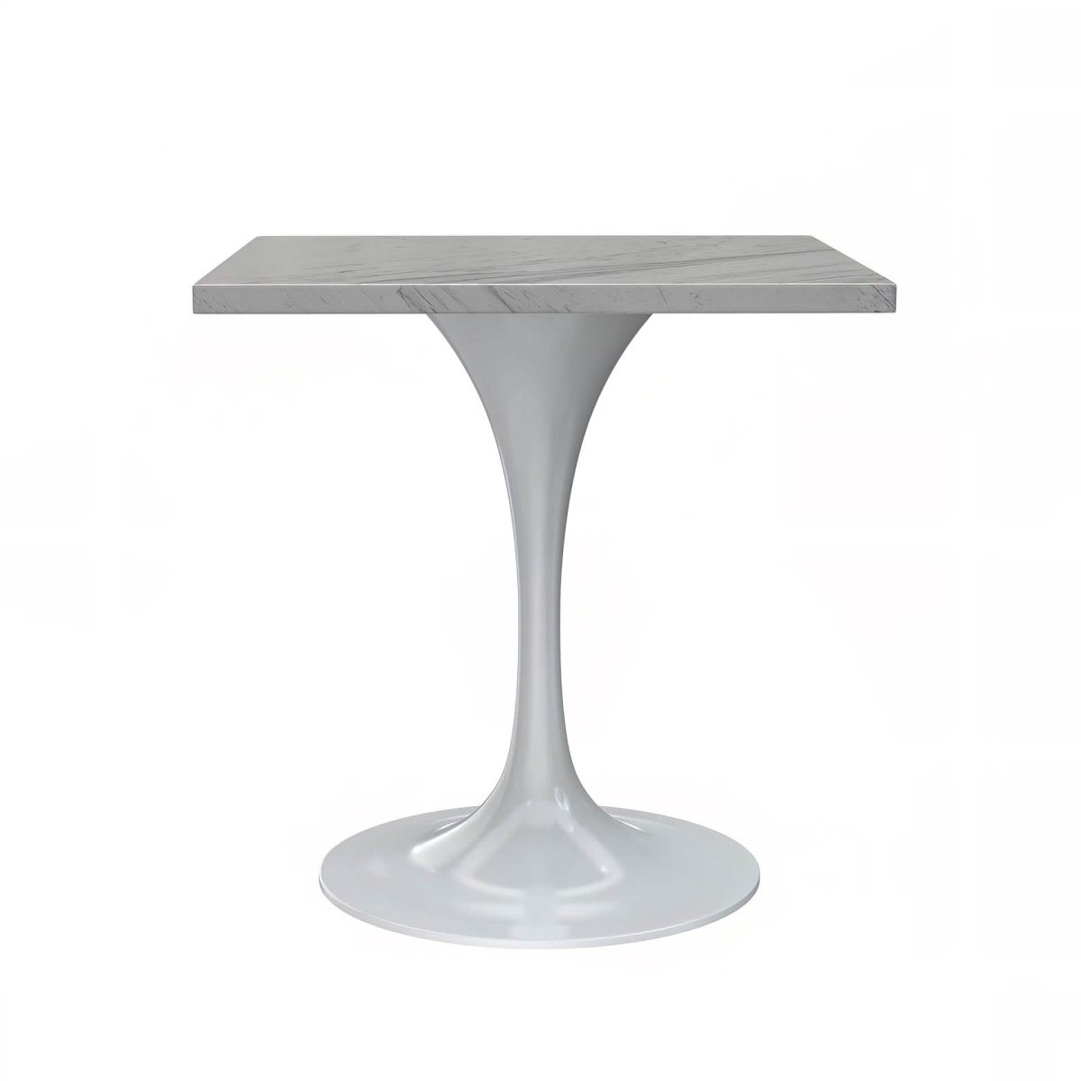 Verve Square Dining Table with a Laminated White Marbleized Tabletop and White/Black/Silver/Gold Steel Pedestal Base