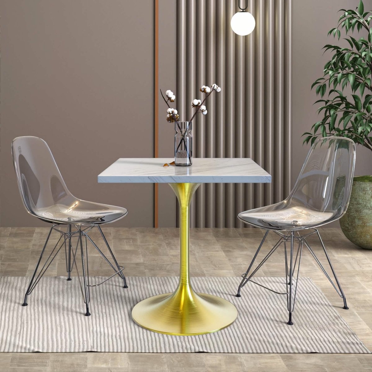 Verve Square Dining Table with a Laminated White Marbleized Tabletop and White/Black/Silver/Gold Steel Pedestal Base