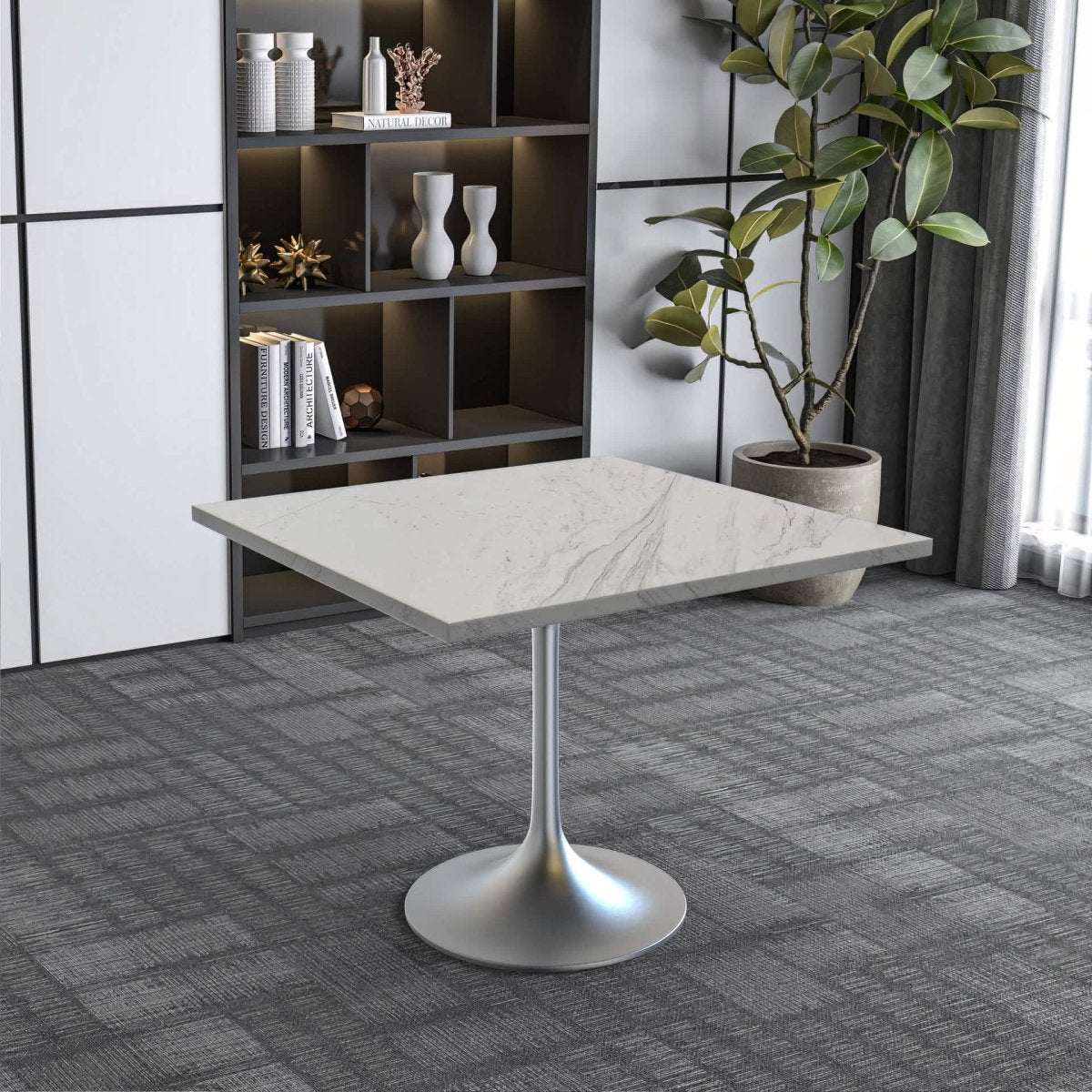 Verve Square Dining Table with a Laminated White Marbleized Tabletop and White/Black/Silver/Gold Steel Pedestal Base